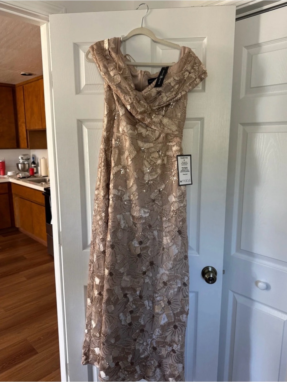 Betsy & Adam Champagne Sequin Floral Off-Shoulder Gown